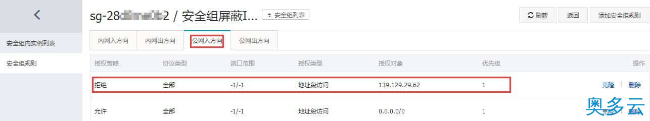 阿里云ECS通过安全组屏蔽/拦截/阻断特定IP对云服务器的访问 4、阿里云ECS通过安全组屏蔽/拦截/阻断特定IP对云服务器的访问 - 奥多云