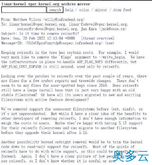 2、Linux 开发人员讨论弃用和删除 ReiserFS - 奥多云