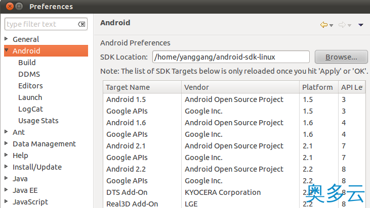 4、Ubuntu搭建Eclipse+JDK+SDK的Android开发环境 - 奥多云
